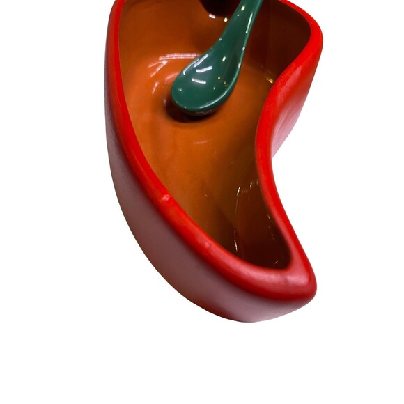 Red Chili Pepper Dip Bowl And Spoon Dish Clay Art Hand Painted Salsa Bowl - Picture 13 of 14